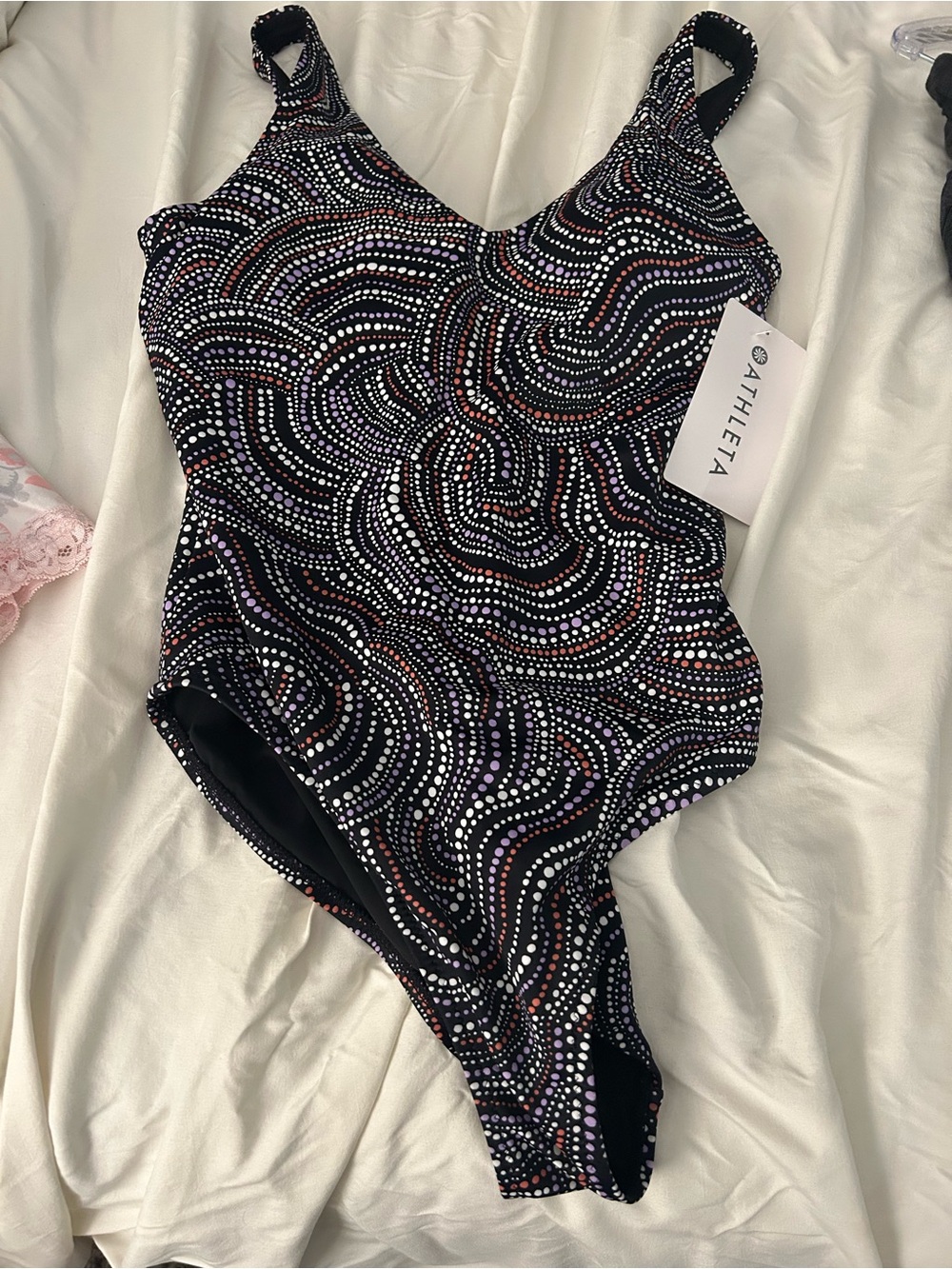 Athleta Black One-Piece Swimsuit with Multicolor Dot Wave Print